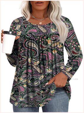 Plus Size Long Sleeve Tunic Tops Flowy Pleated Blouses Loose Fit 5XL